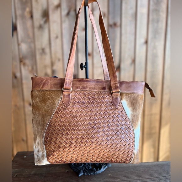 Fall New Vintage Look Cowhide Woven oil rubbed woven Leather  Bag Tote satchel - Picture 2 of 12